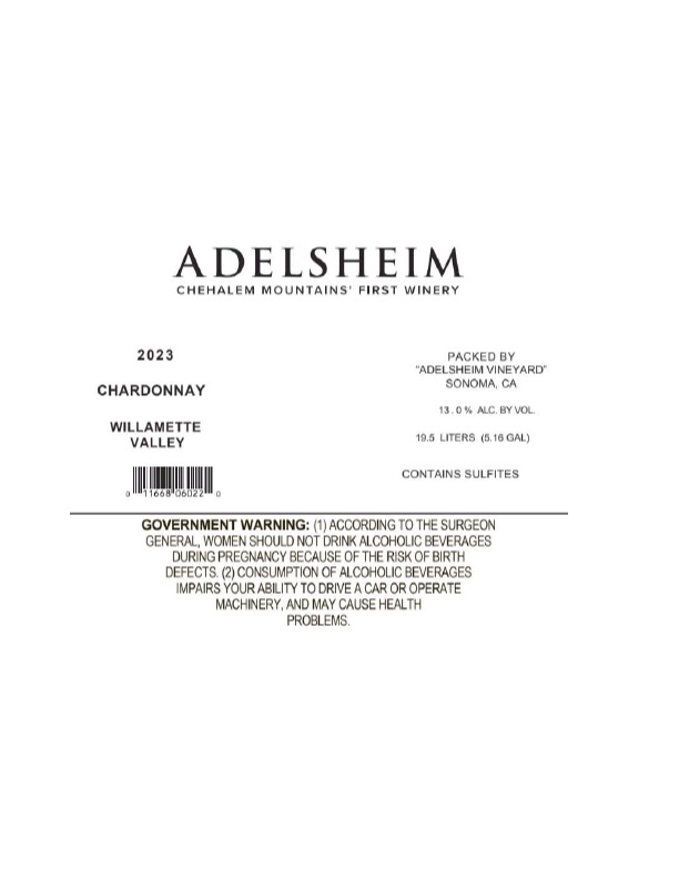 TABC label artwork for Adelsheim Vineyard Chardonnay 19.5 Keg