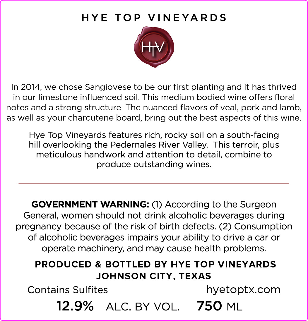TABC label artwork for Hye Top Vineyards Sangiovese