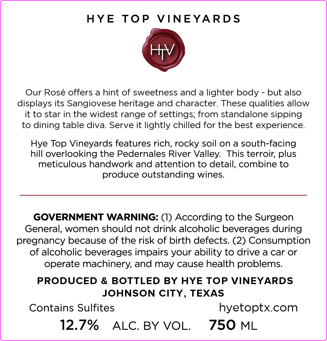 TABC label artwork for Hye Top Vineyards Rose of Sangiovese
