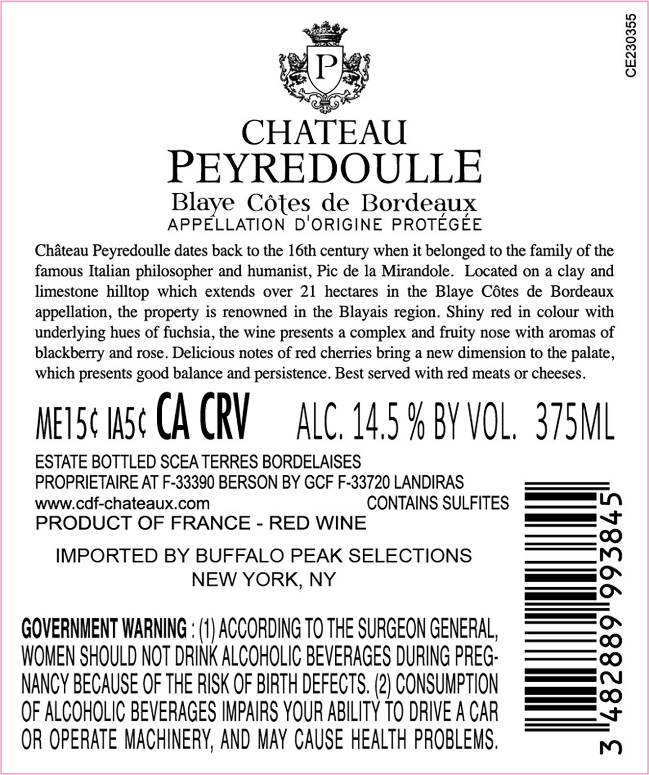 TABC label artwork for Chateau Peyredoulle Blaye Cotes de Bordeaux