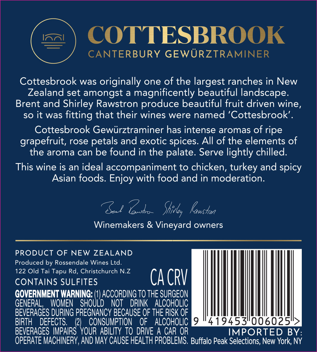 TABC label artwork for Cottesbrook Gewurztraminer