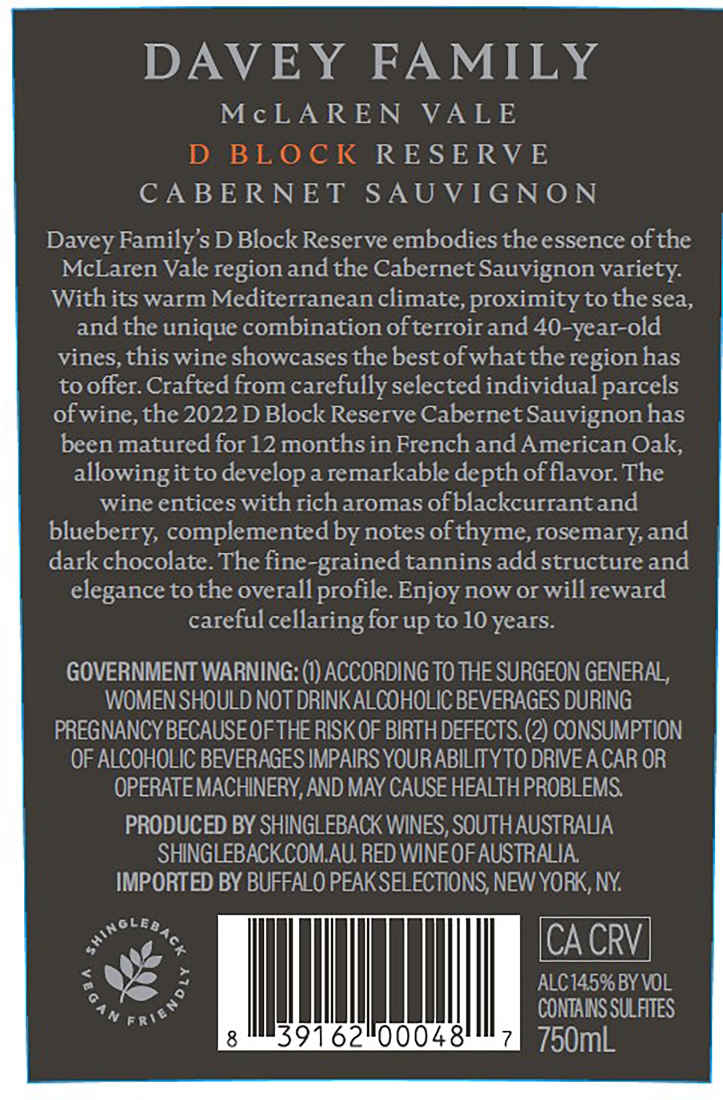 TABC label artwork for Davey Family Cabernet Sauvignon D Block Reserve