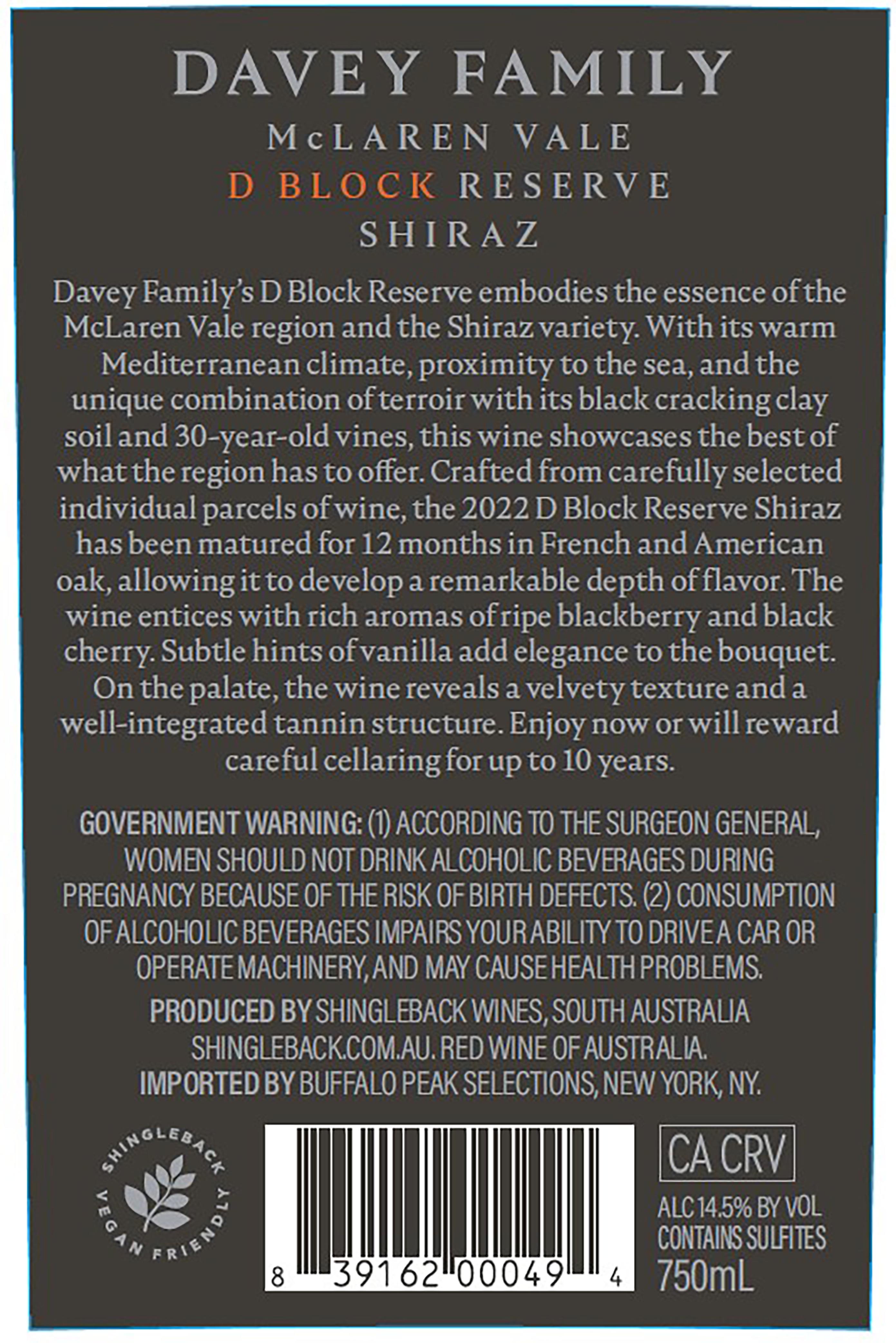 TABC label artwork for Davey Family Shiraz D Block