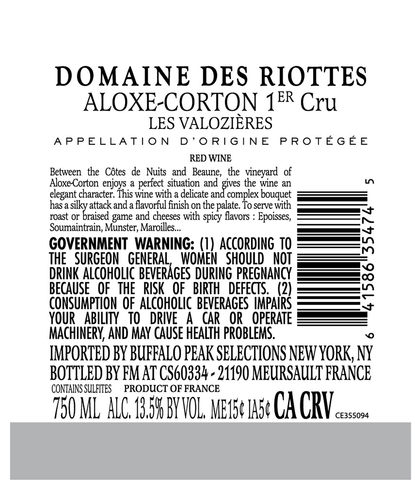TABC label artwork for Domaine des Riottes Aloxe Corton Premier Cru Les Valozieres