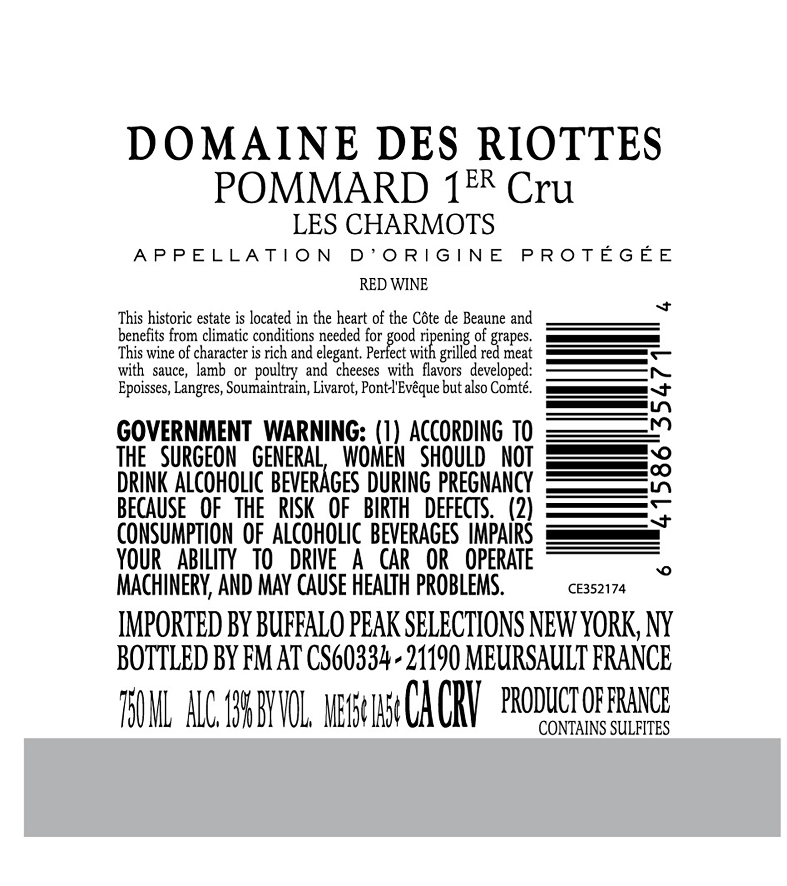 TABC label artwork for Domaine des Riottes Pommard Premier Cru Les Charmots