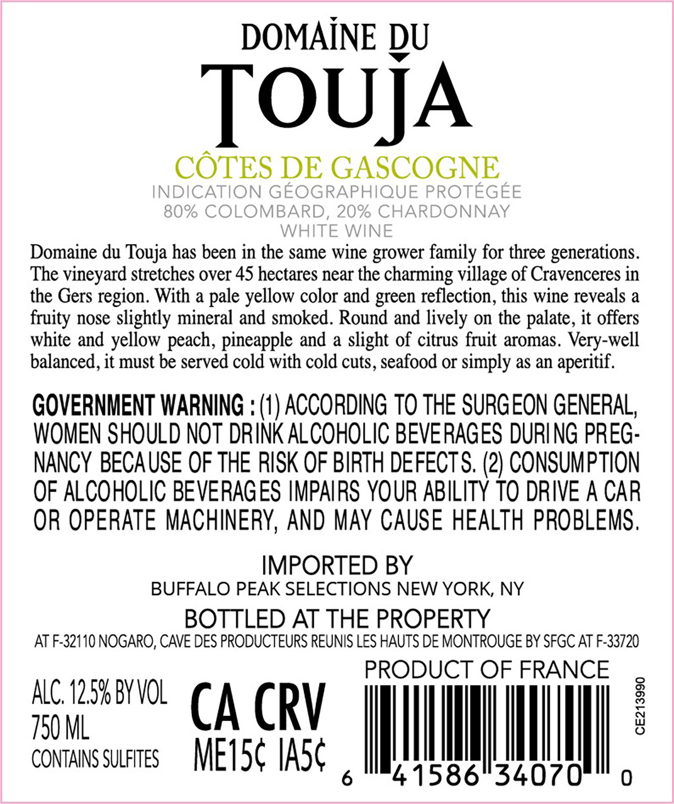 TABC label artwork for Domaine du Touja Cotes de Gascogne