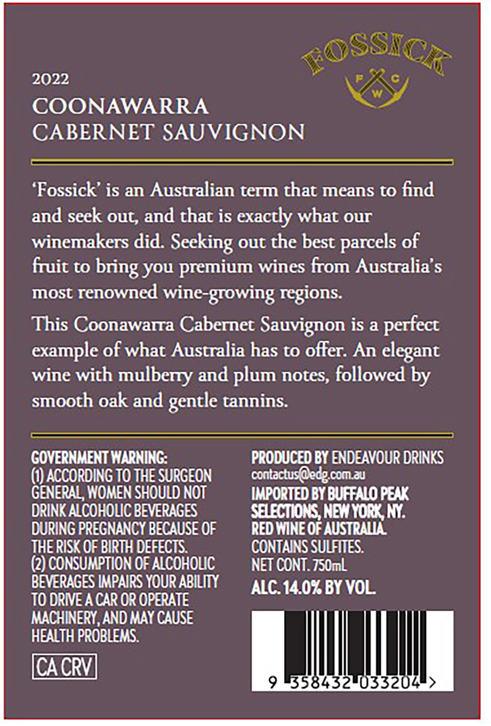 TABC label artwork for Fossick Coonawarra Cabernet Sauvignon
