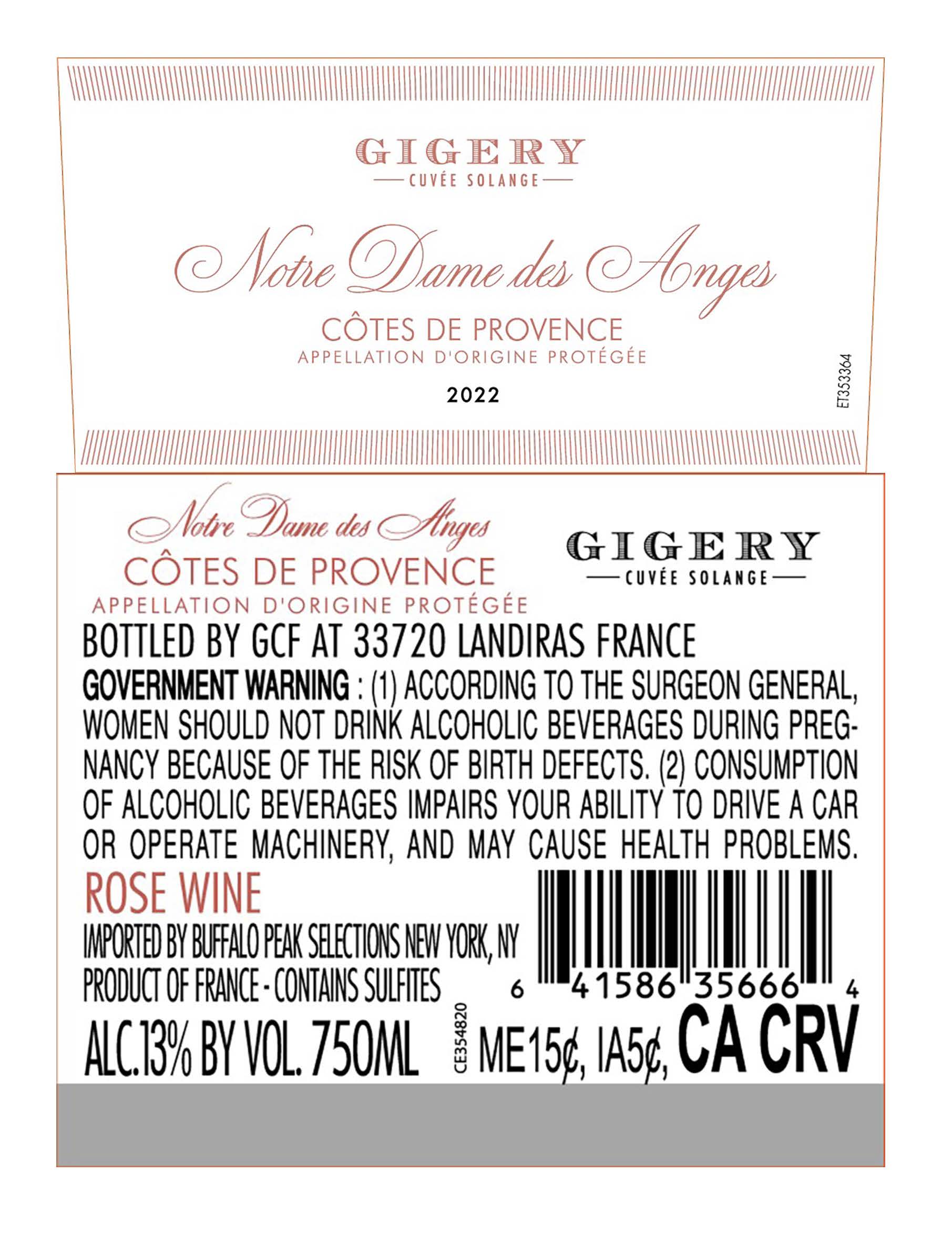 TABC label artwork for Chateau Gigery 'Notre Dame des Anges' Cotes de Provence Rose