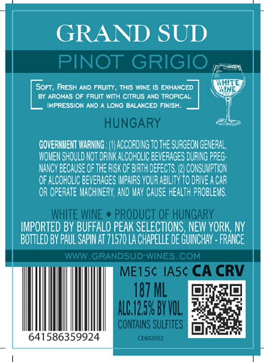 TABC label artwork for Grand Sud Pinot Grigio