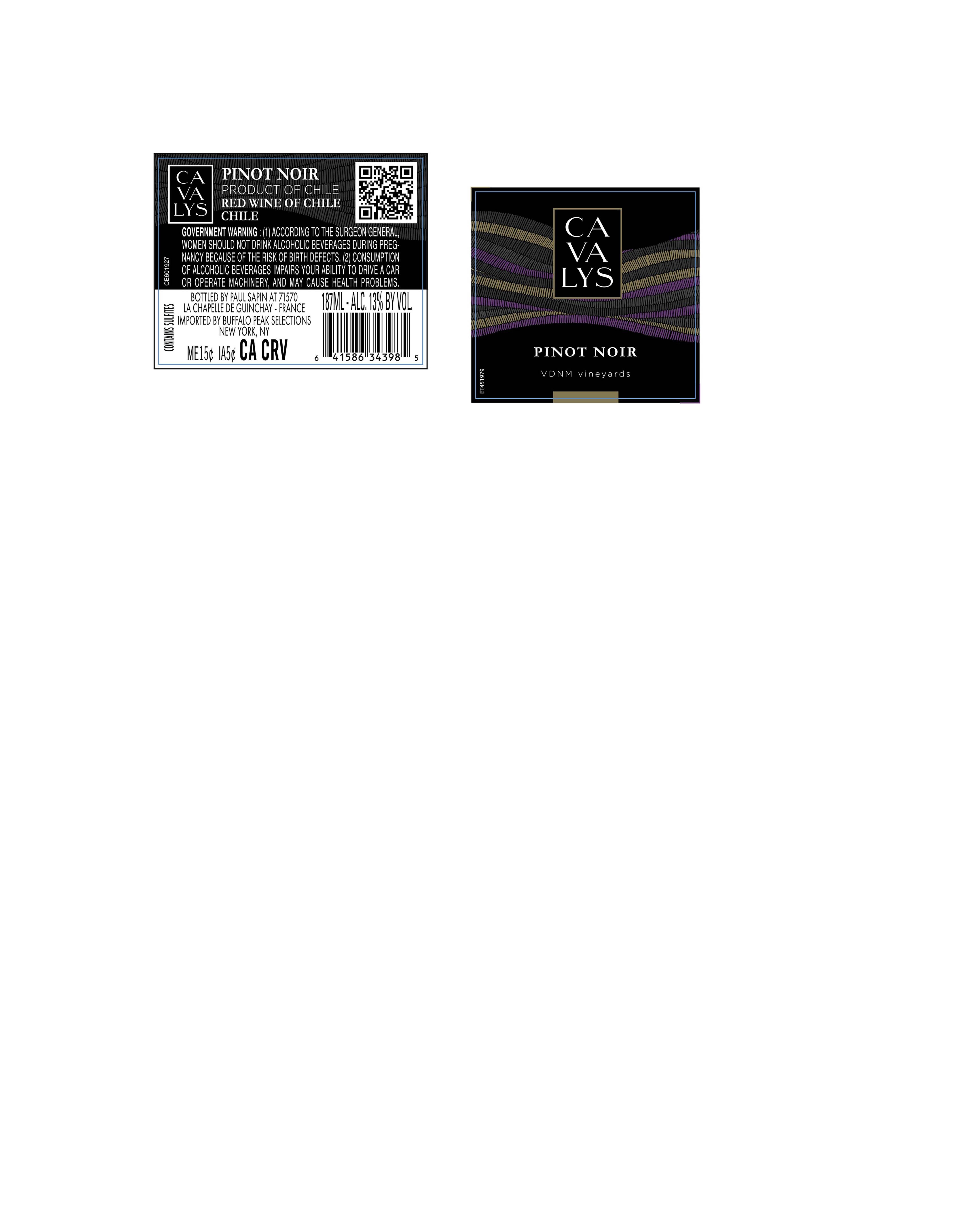 TABC label artwork for Cavalys Pinot Noir