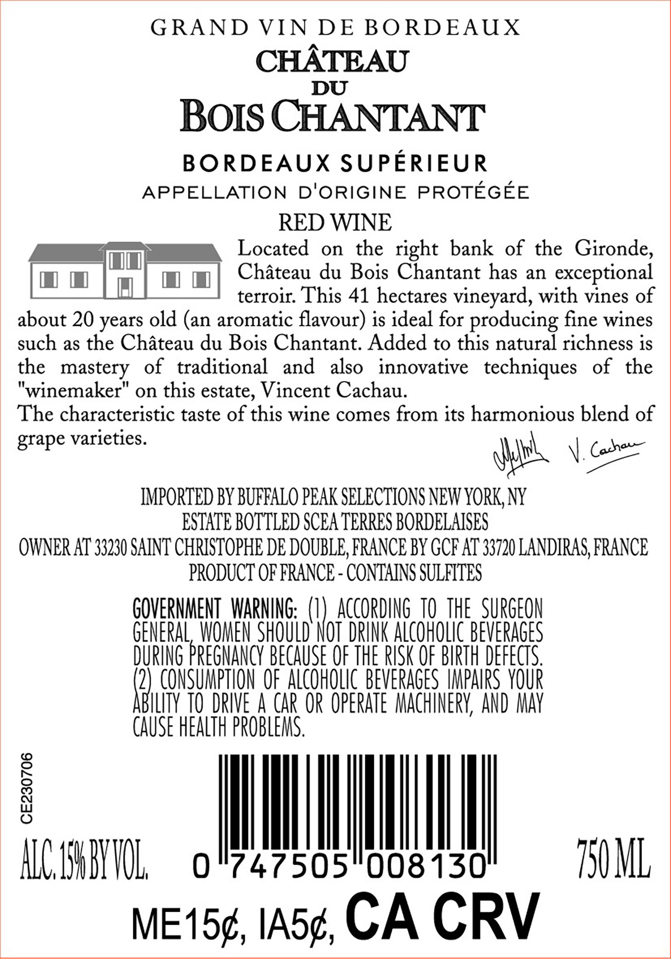 TABC label artwork for Chateau Bois Chantant Bordeaux Superieur (750ml)