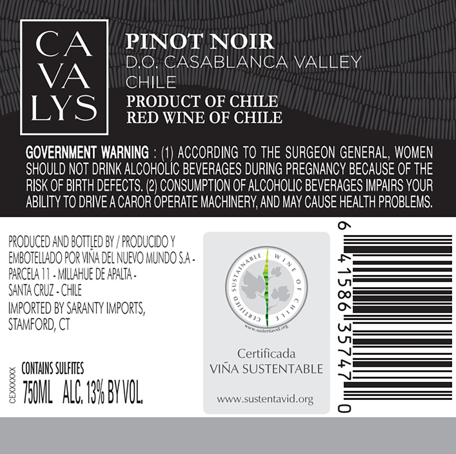 TABC label artwork for Cavalys Pinot Noir