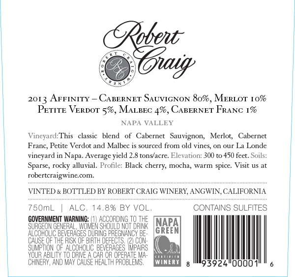 TABC label artwork for Robert Craig Winery Affinity