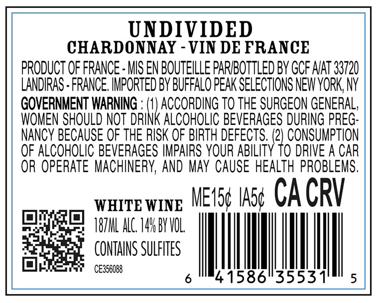 TABC label artwork for Undivided Chardonnay (187ml)