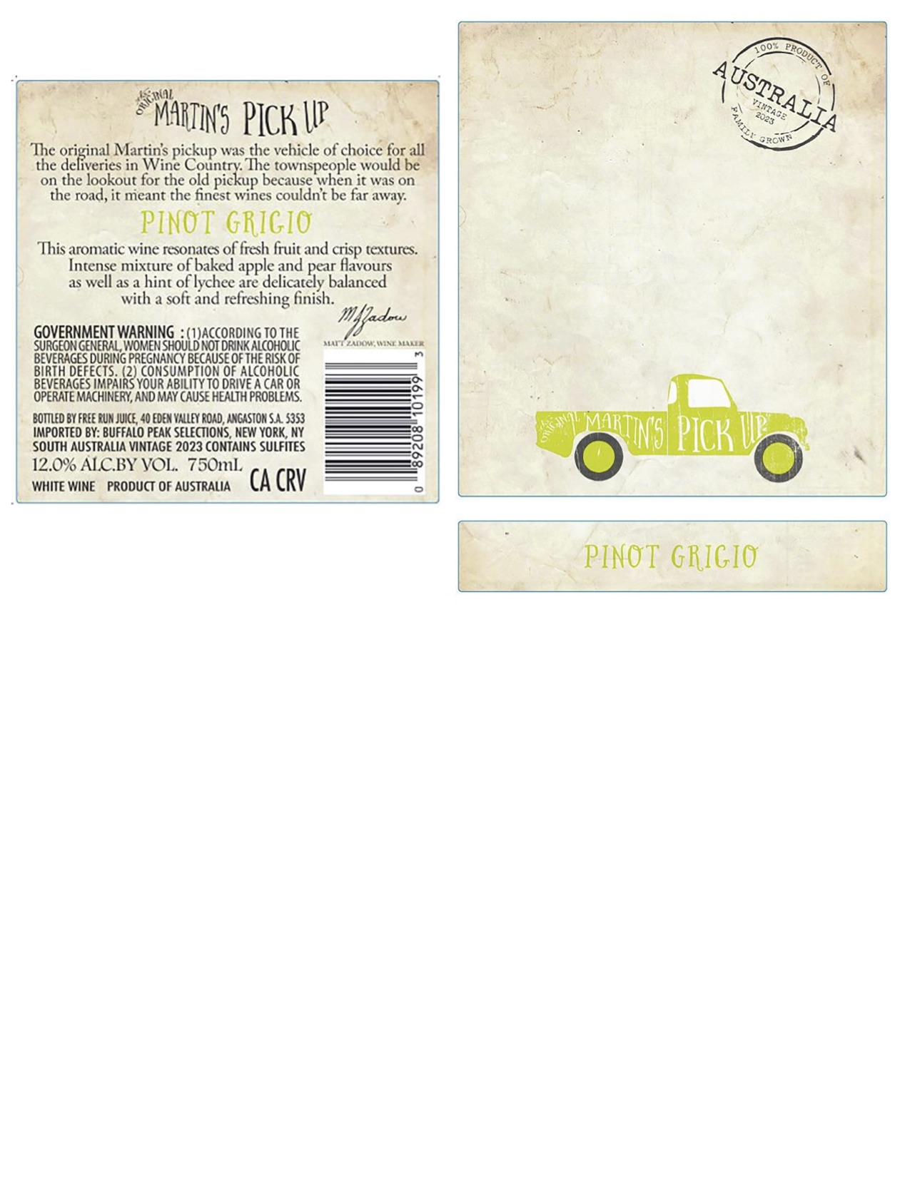TABC label artwork for Martin's Pick Up Pinot Grigio