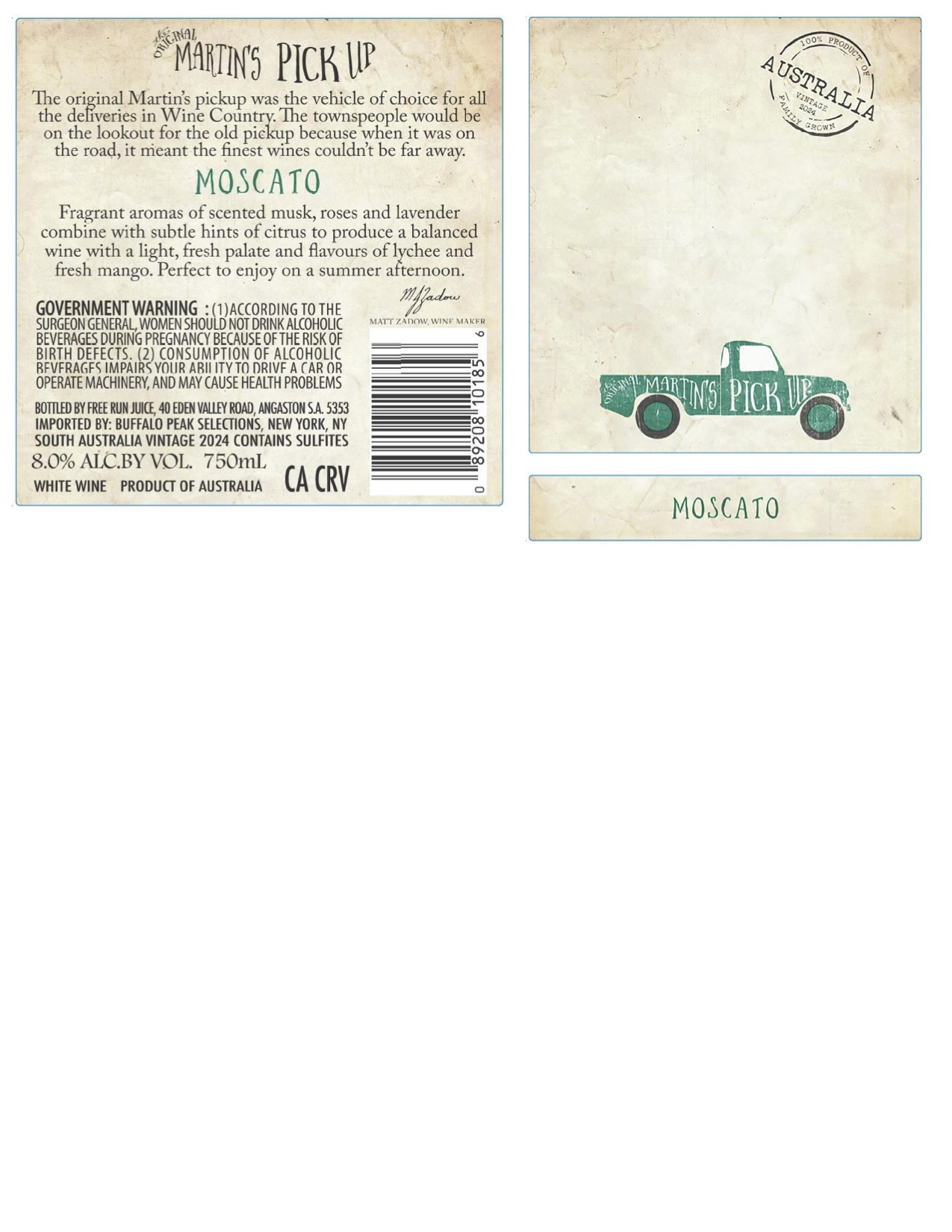 TABC label artwork for Martin's Pick Up Moscato