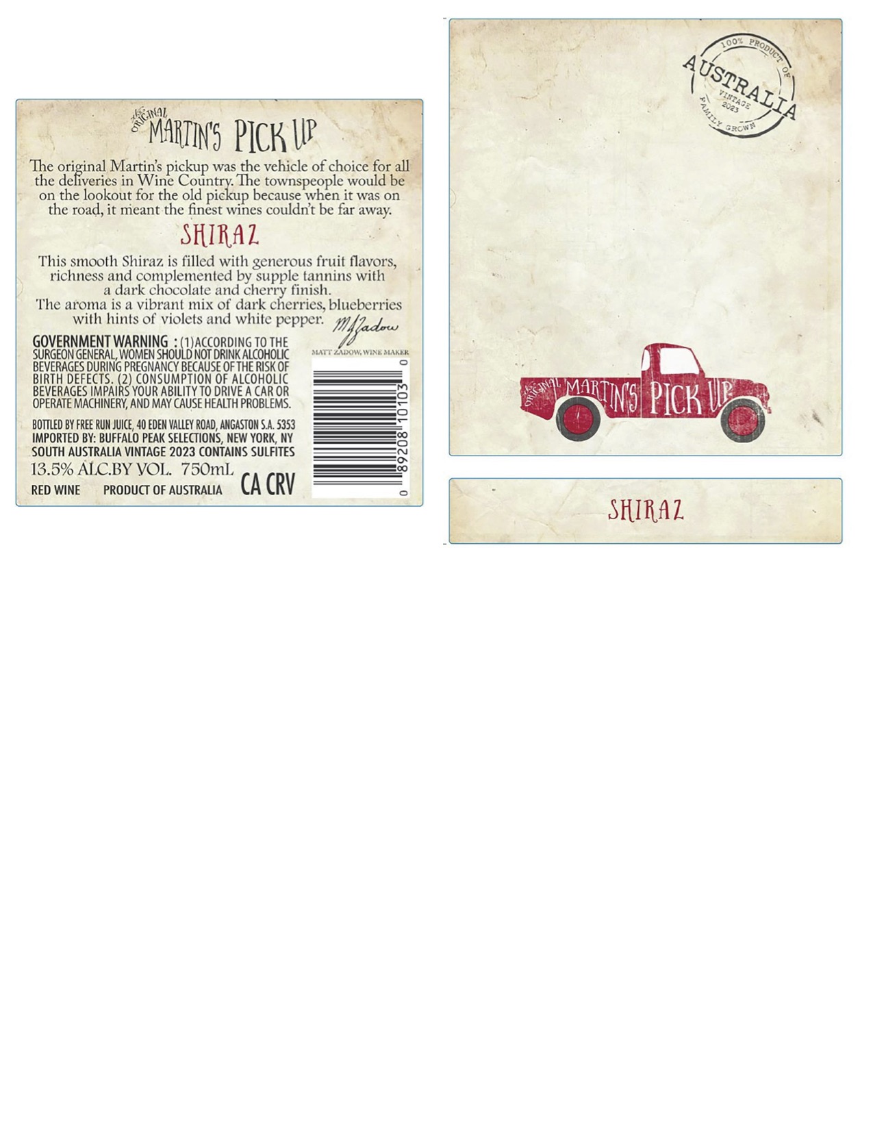 TABC label artwork for Martin's Pick Up Shiraz
