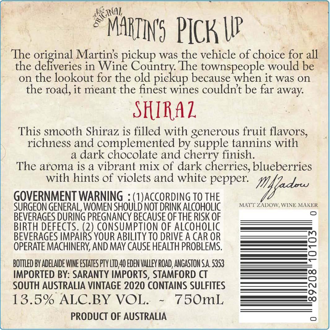 TABC label artwork for Martin's Pick Up Shiraz