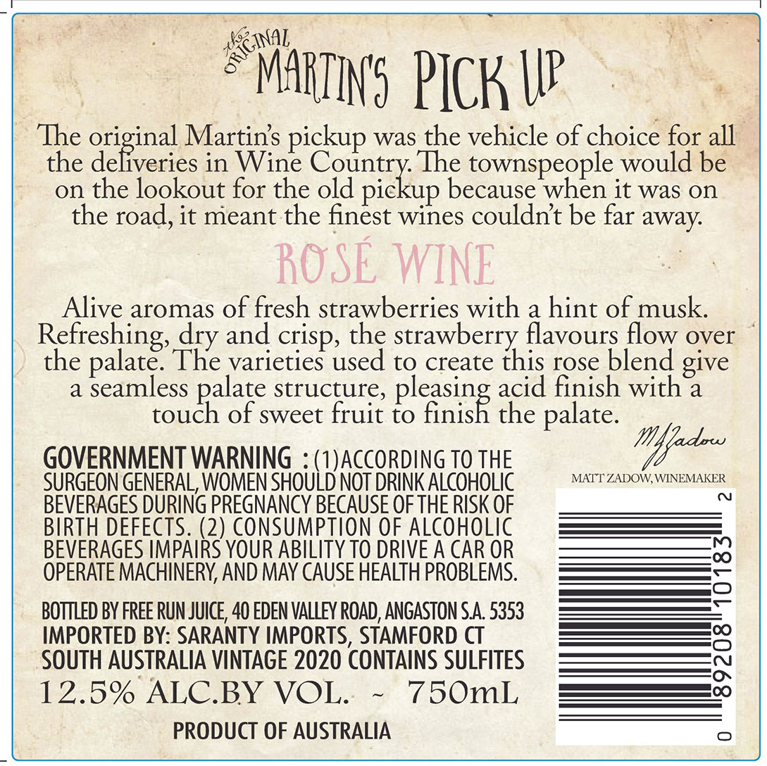 TABC label artwork for Martin's Pick Up Rose