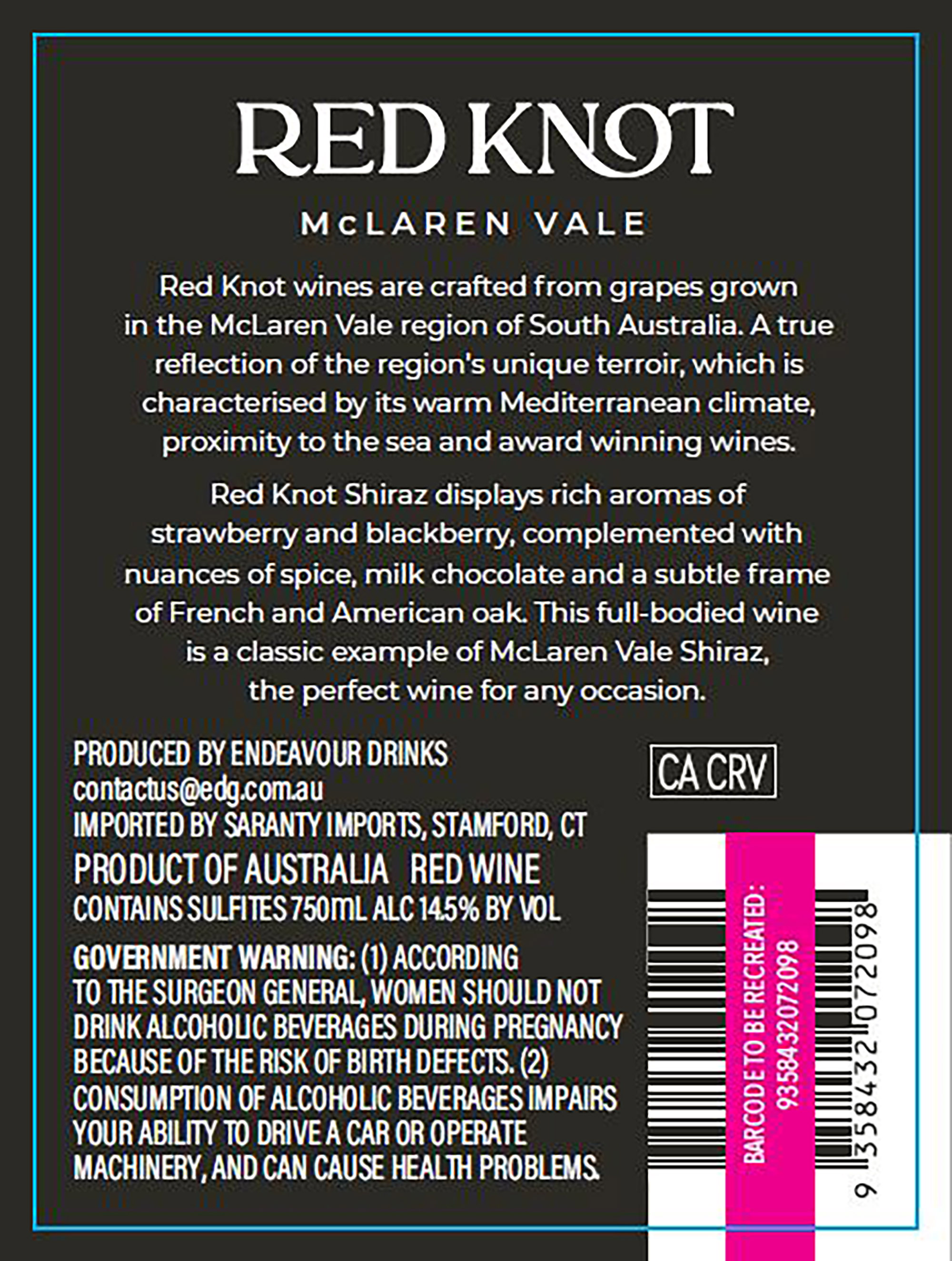 TABC label artwork for Red Knot Shiraz