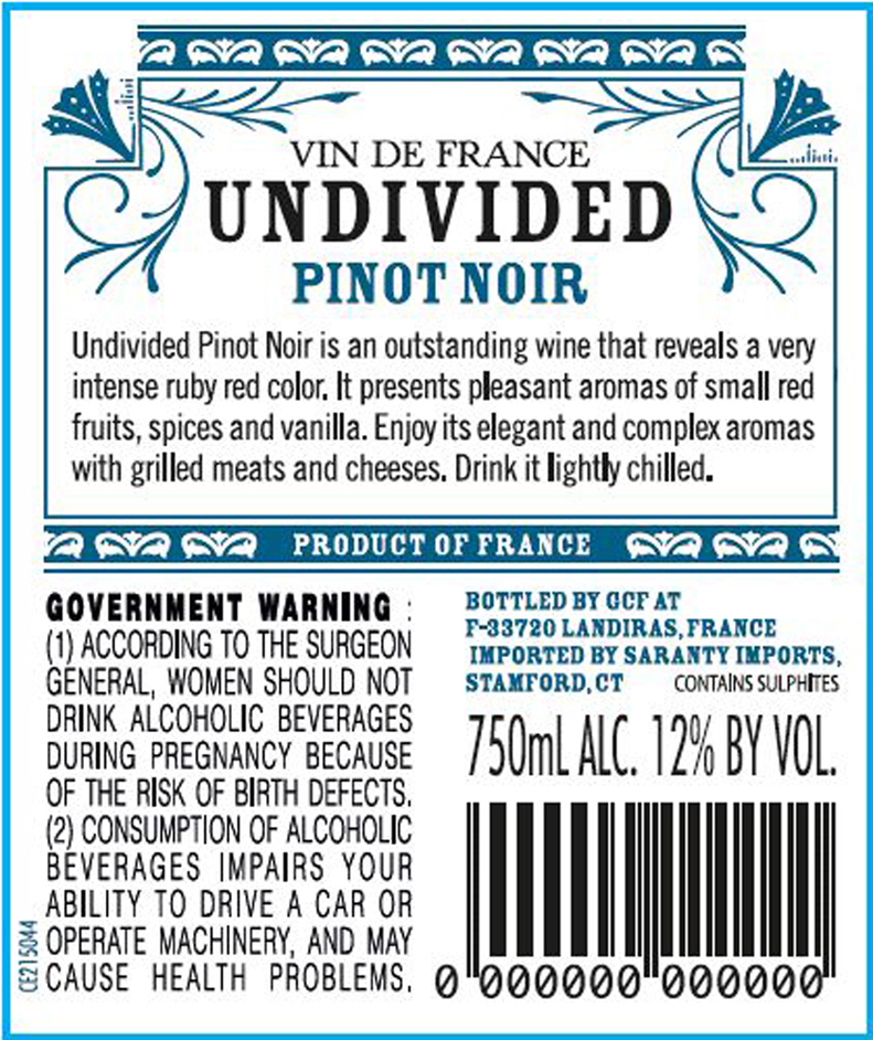 TABC label artwork for Undivided Pinot Noir