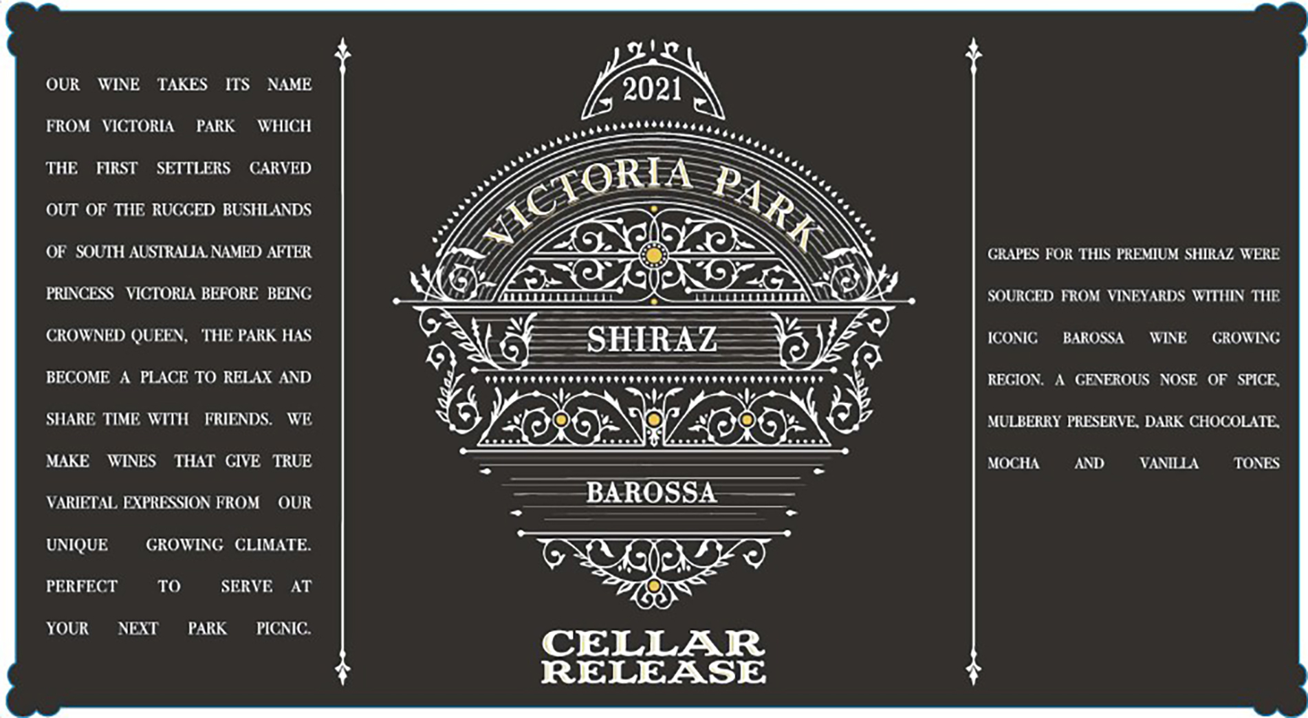 TABC label artwork for Victoria Park Barossa Valley Shiraz by Yalumba