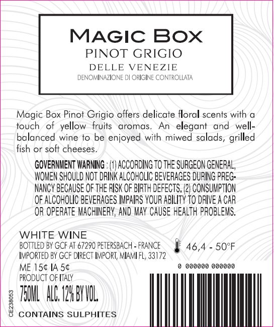 TABC label artwork for Magic Box Pinot Grigio