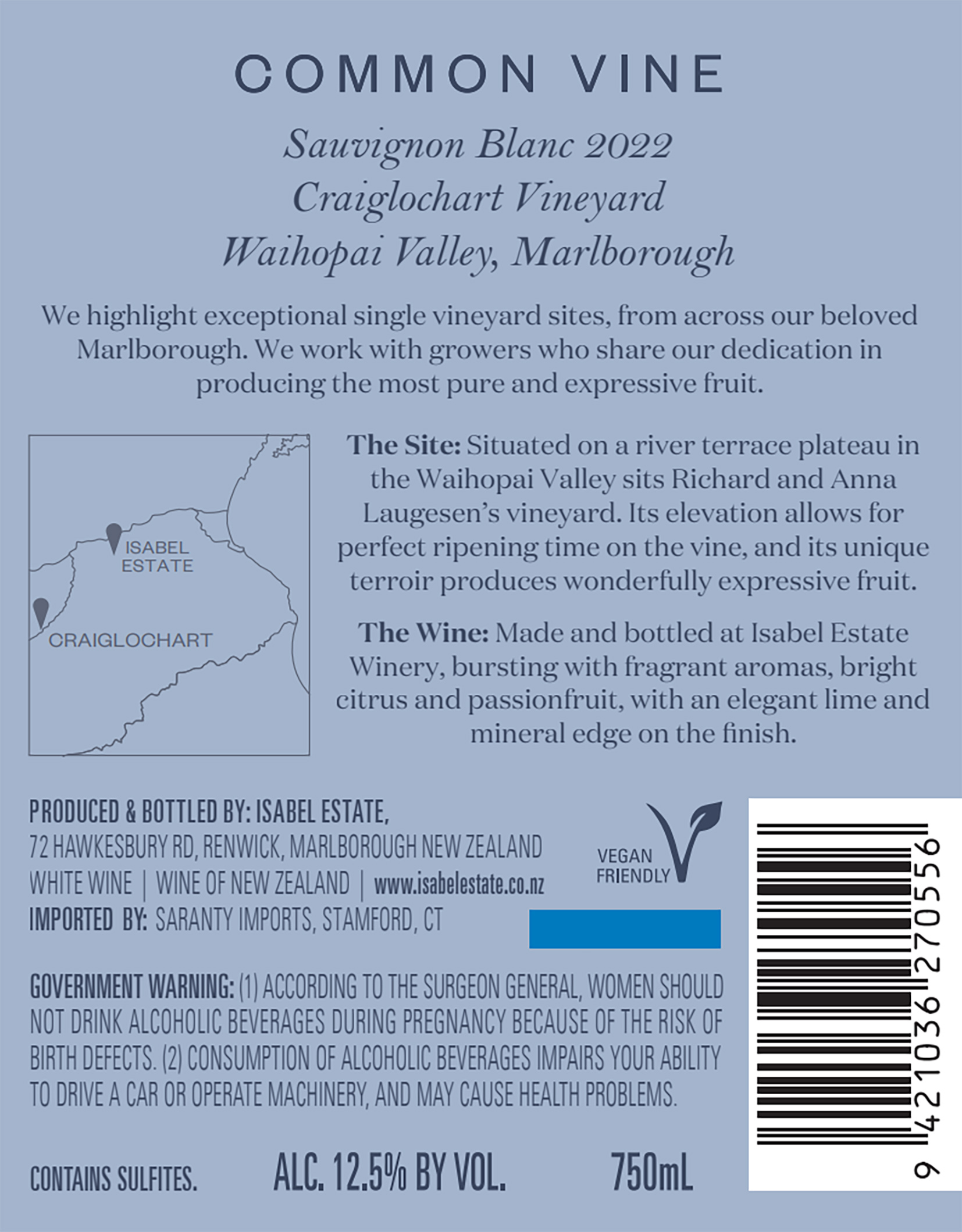 TABC label artwork for Common Vine Craiglochart Vineyard Waihopai Valley Sauvignon Blanc