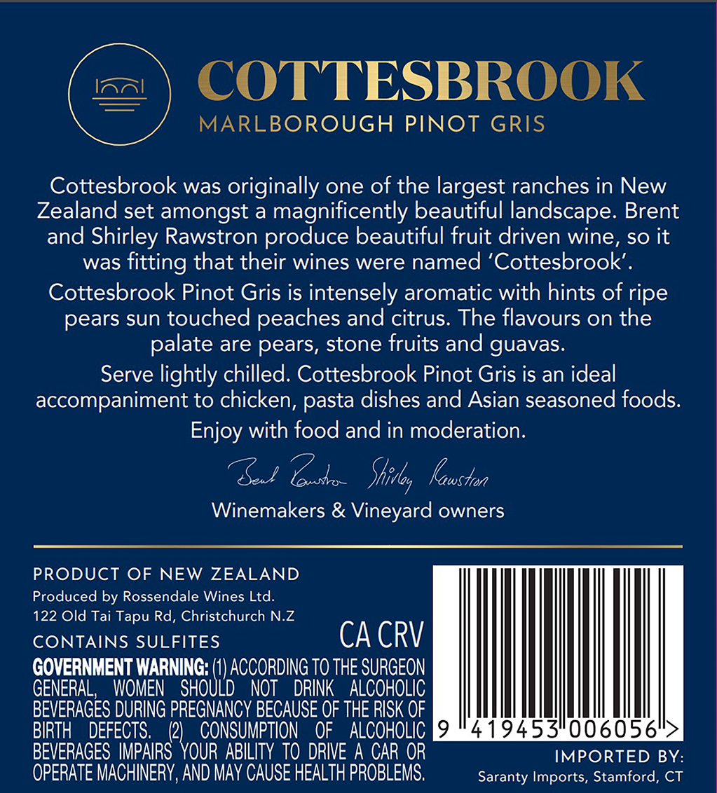 TABC label artwork for Cottesbrook Pinot Gris