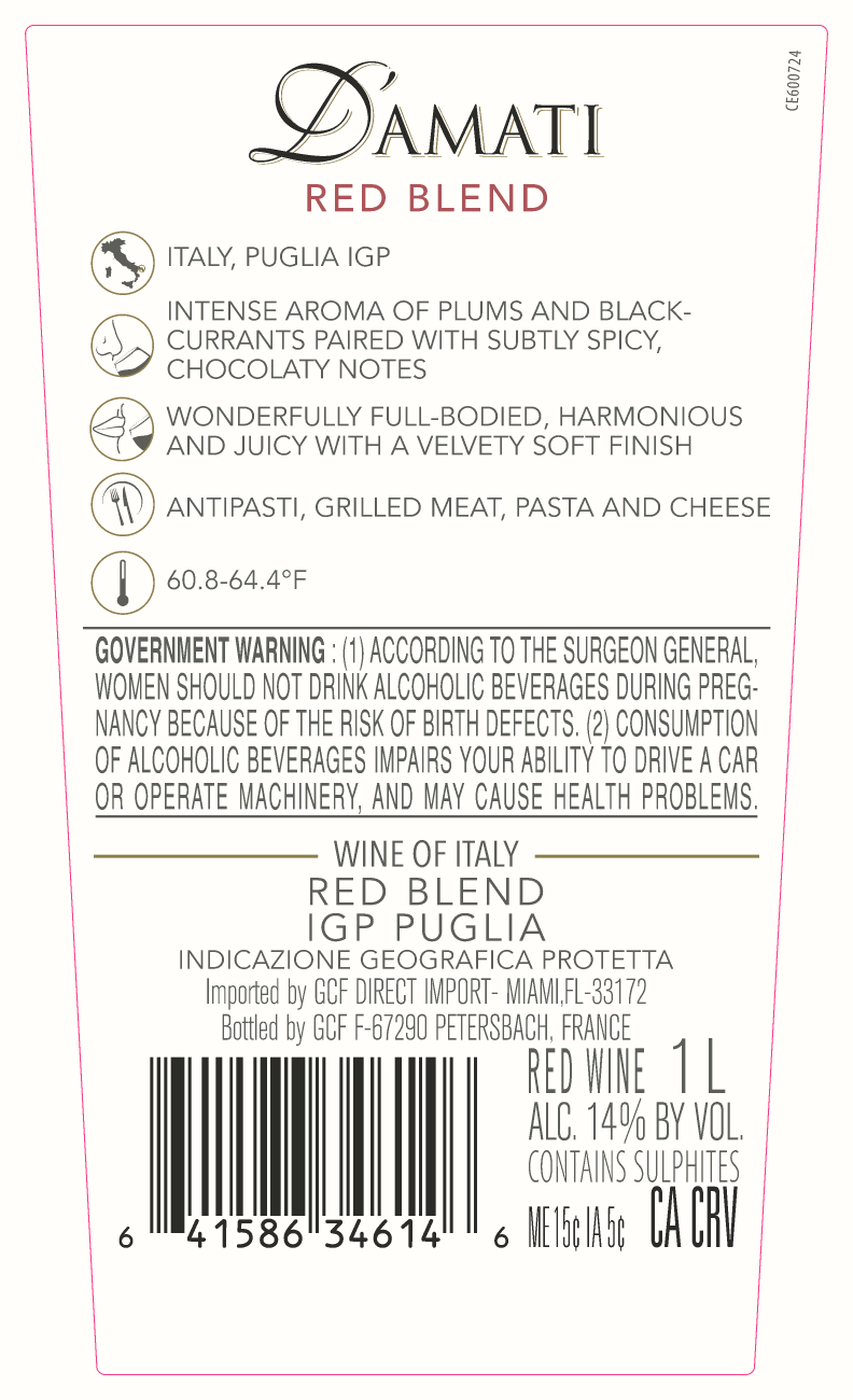 TABC label artwork for D'Amati Red Blend