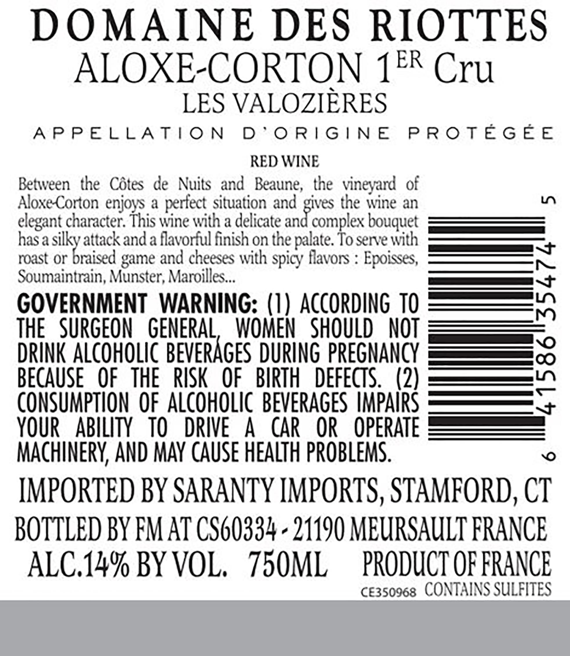 TABC label artwork for Domaine des Riottes Aloxe Corton Premier Cru Les Valozieres