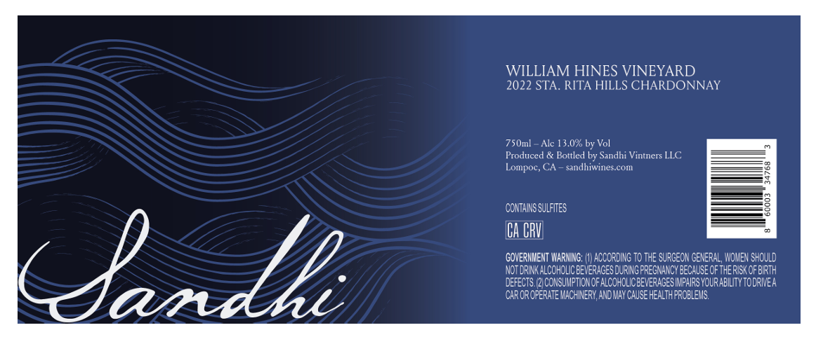 TABC label artwork for SANDHI CHARDONNAY STA RITA HILLS WILLIAM HINES VINEYARD