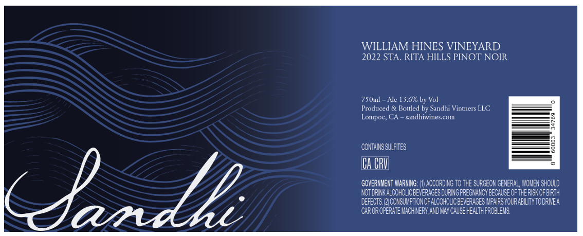 TABC label artwork for SANDHI PINOT NOIR STA RITA HILLS WILLIAM HINES VINEYARD