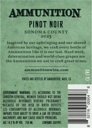 TABC label artwork for Ammunition Pinot Noir Sonoma County