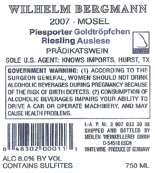 TABC label artwork for Wilhelm Bergmann Piesporter Goldtropfchen Riesling Auslese