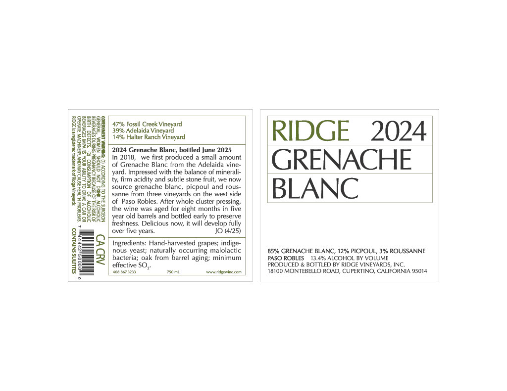 TABC label artwork for Ridge 2024 Grenache Blanc