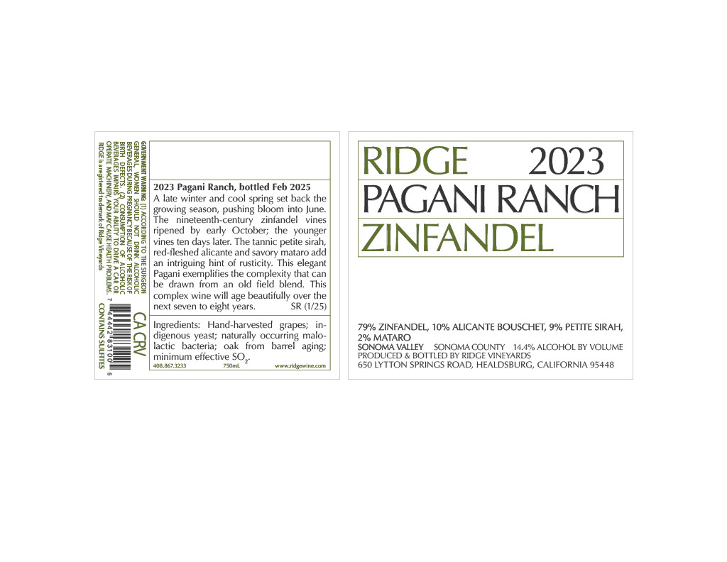 TABC label artwork for Ridge 2023 Pagani Ranch Zinfandel