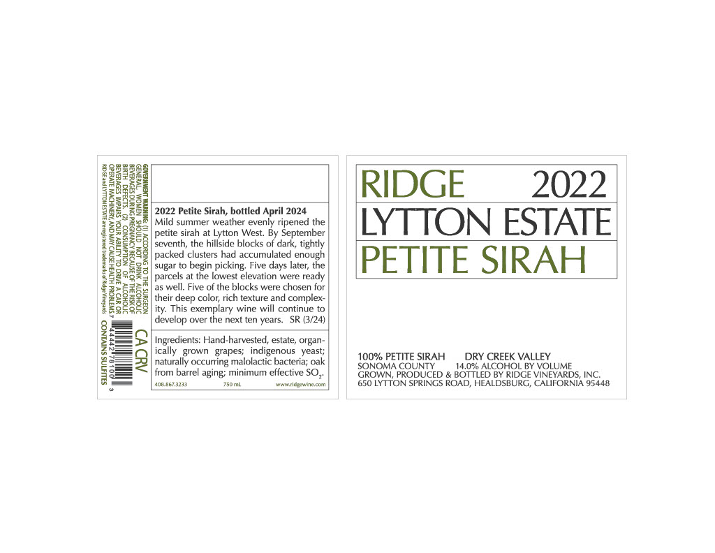 TABC label artwork for Ridge 2022 Lytton Estate Petite Sirah