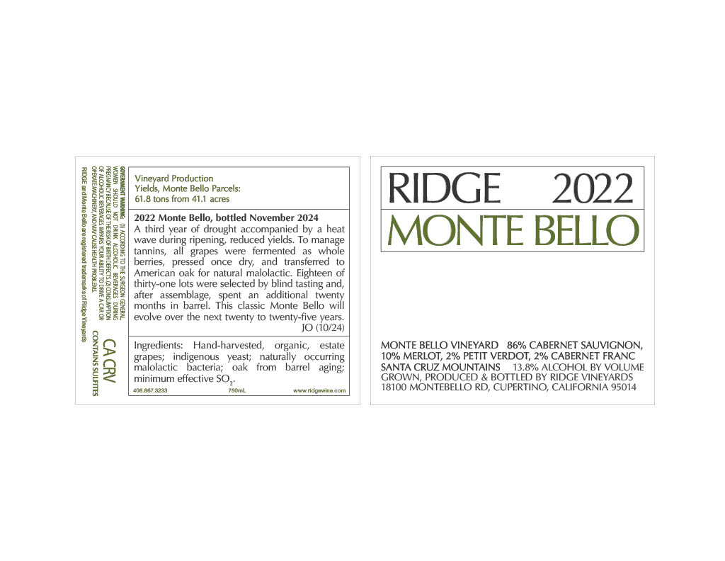 TABC label artwork for Ridge 2022 Monte Bello