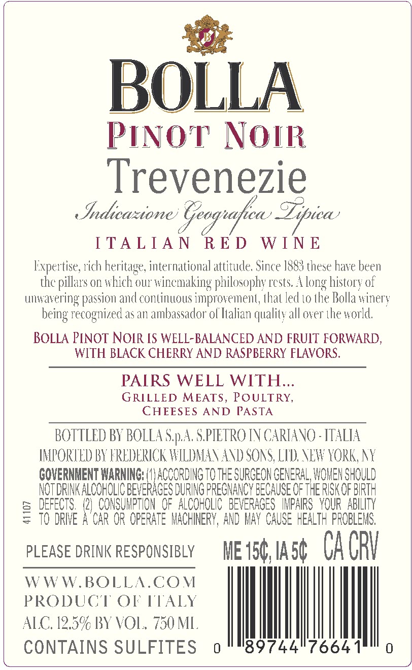TABC label artwork for Bolla Pinot Noir Trevenezie