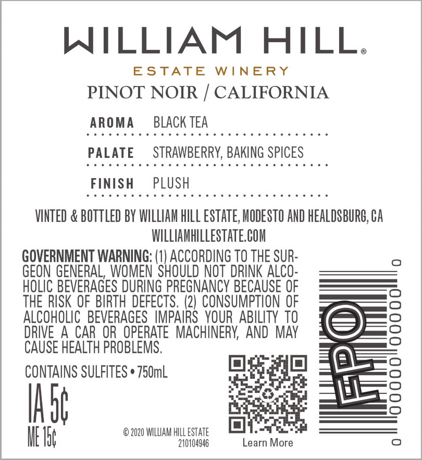 TABC label artwork for William Hill Pinot Noir California