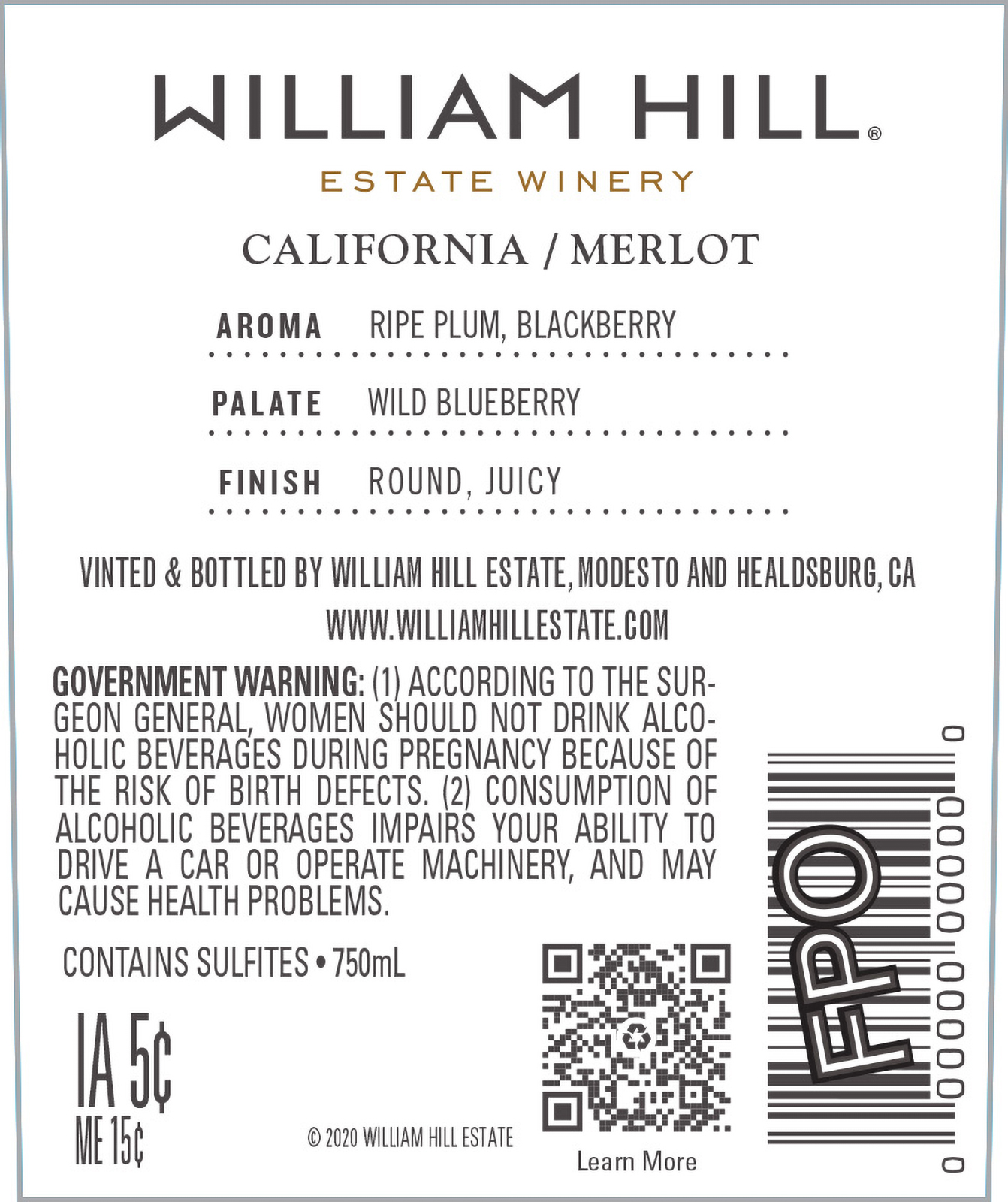 TABC label artwork for William Hill Merlot California