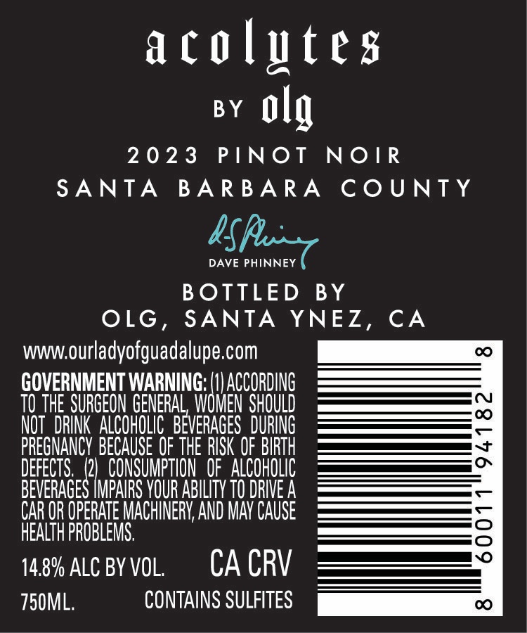 TABC label artwork for OLG Acolytes Pinot Noir Ca - Santa Barbara
