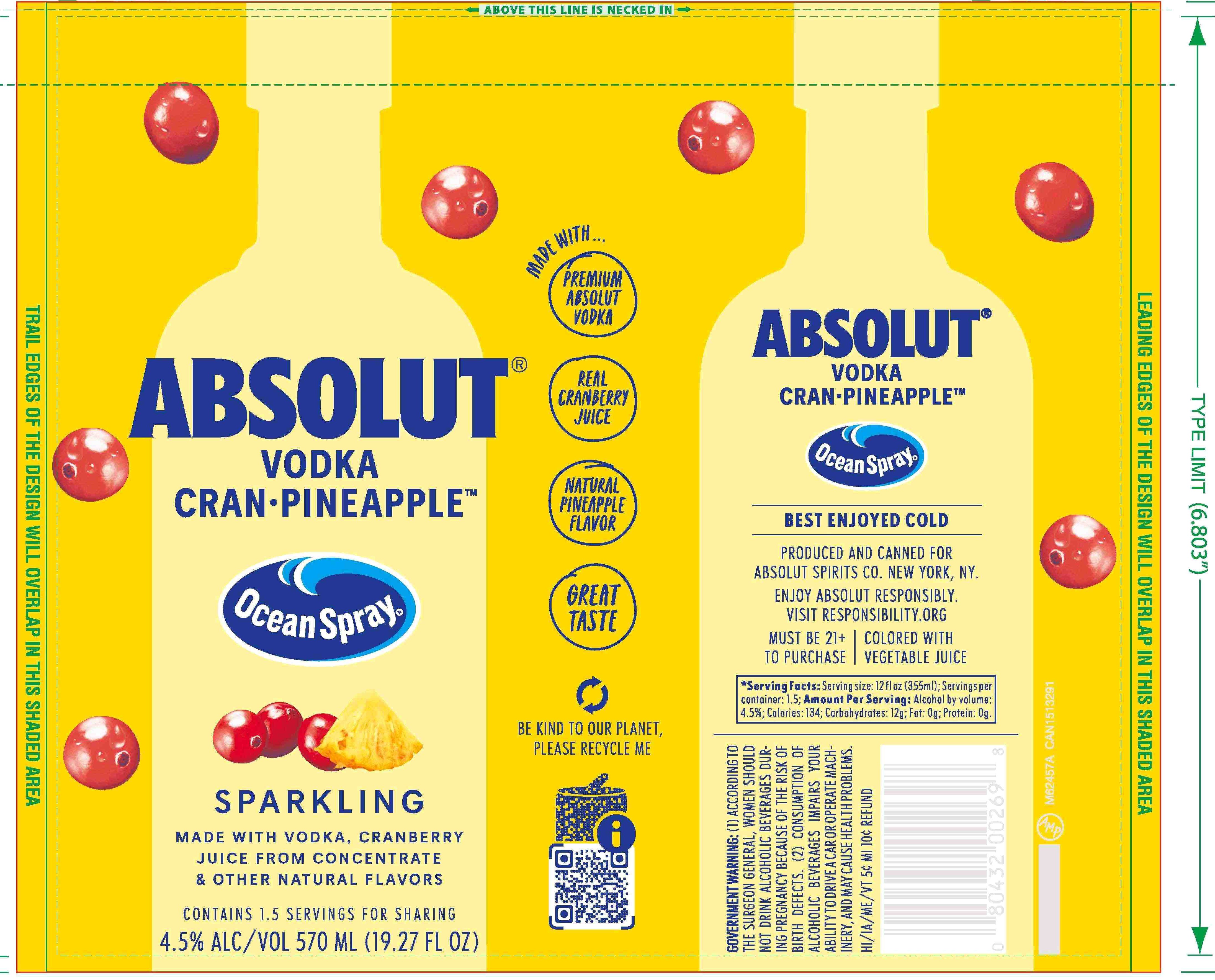 TABC label artwork for Absolut Ocean Cran-Pineapple