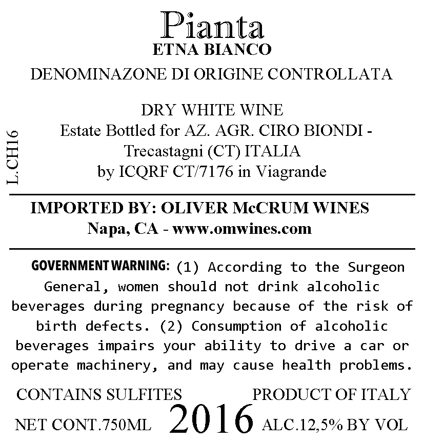 TABC label artwork for CIRO BIONDI PIANTA ETNA DOC
