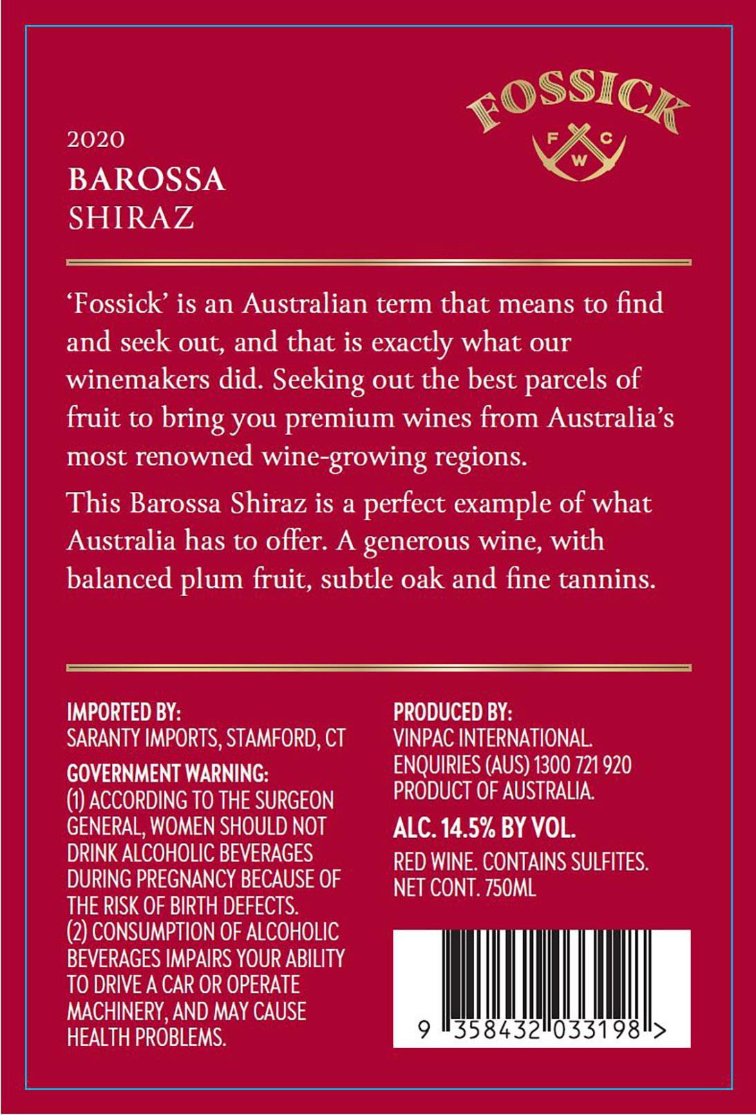 TABC label artwork for Fossick Barossa Shiraz