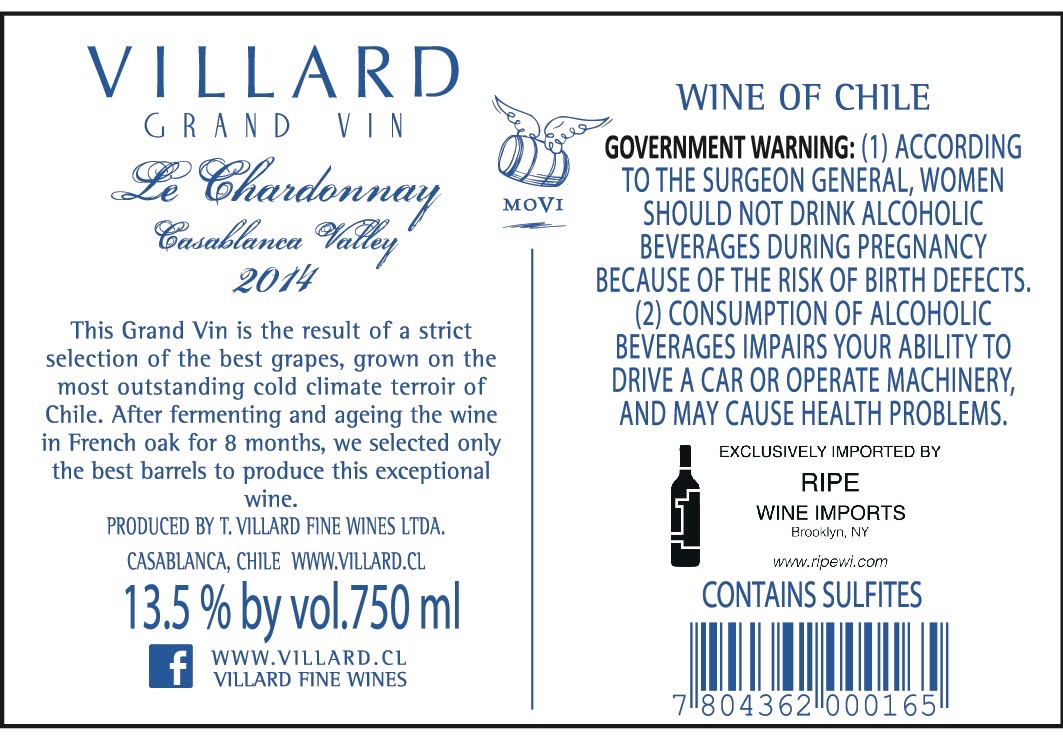 TABC label artwork for Villard Grand Vin Chardonnay