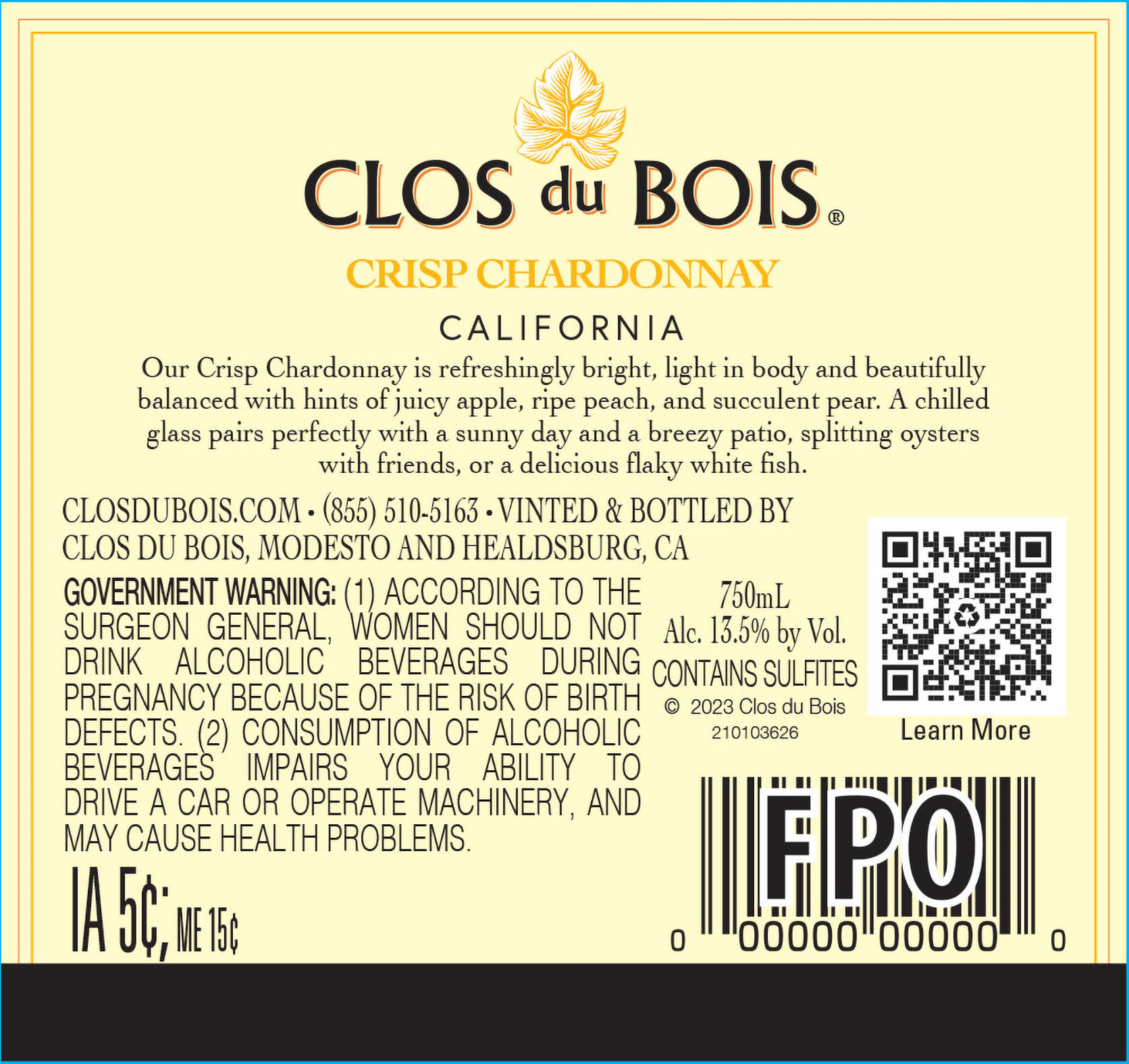 TABC label artwork for Clos Du Bois Chardonnay Crisp California