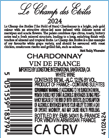 TABC label artwork for Le Champ des Etoiles Chardonnay France