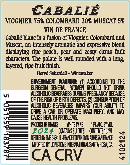 TABC label artwork for Cabalie Vin de France Viognier, Colombard, Muscat, France